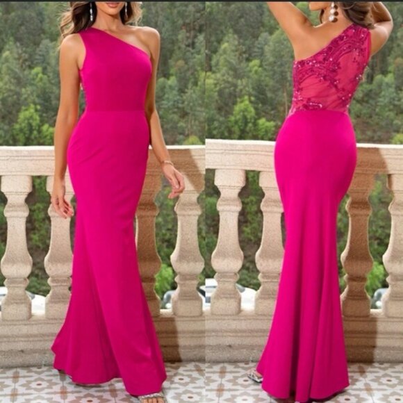 Luxe one shoulder sequins party formal evening dress - Picture 1 of 7